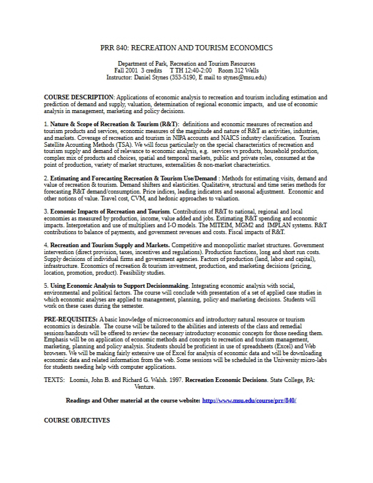 Syllabus for Recreation and Tourism Economics