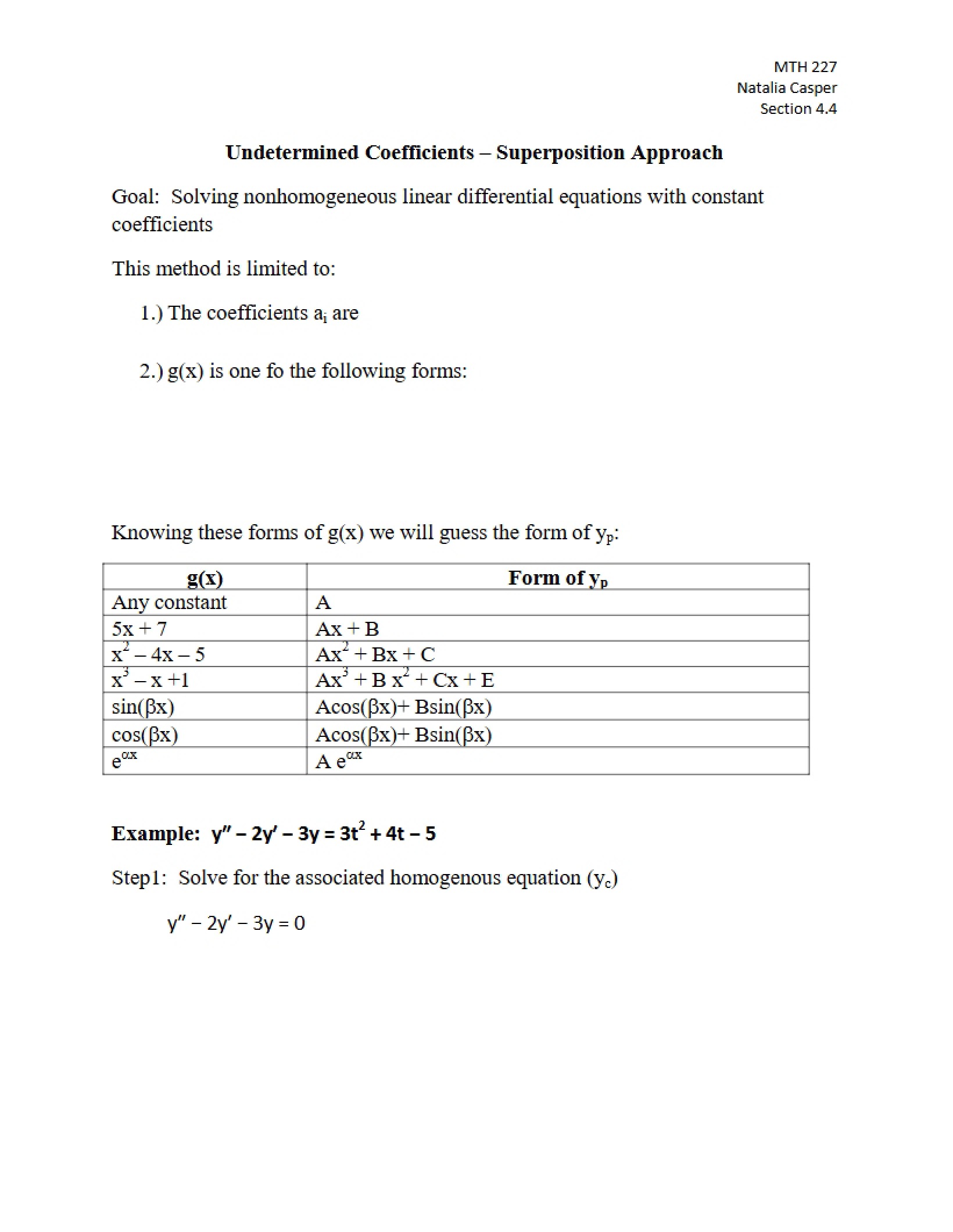Superposition Approach Undetermined Coefficients