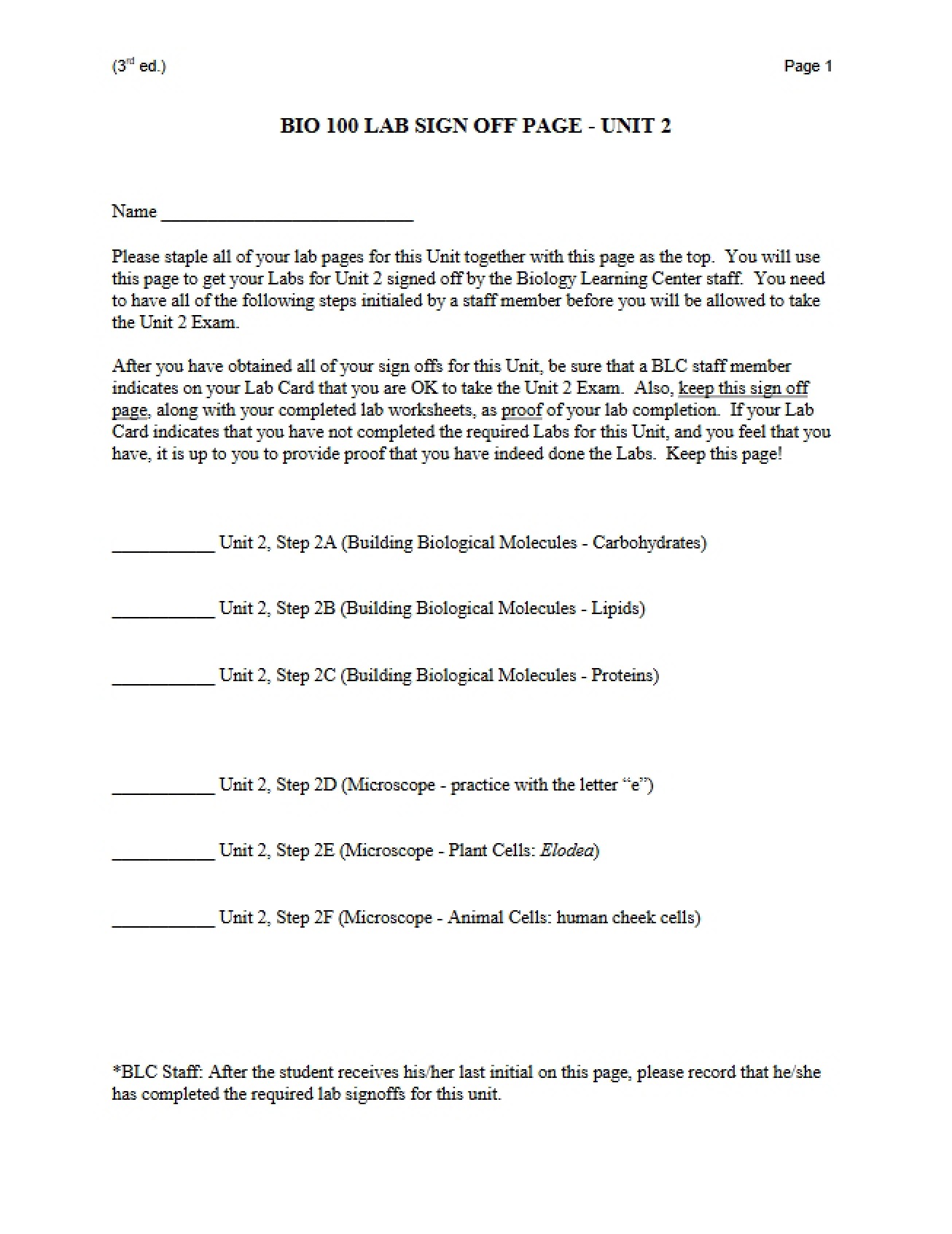 Lab Sign-Off Page for Unit 2