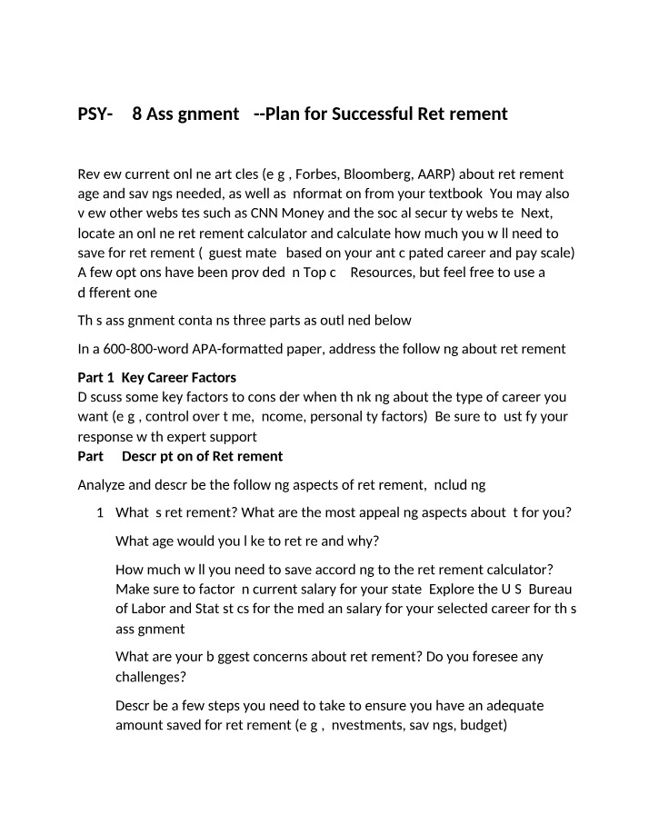Retirement Planning - PSY-358 Assignment 4
