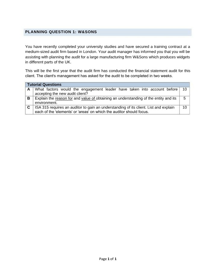W&Sons - Planning Question 1