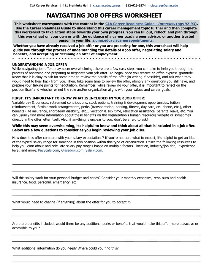 Worksheet - Navigating Job Offers