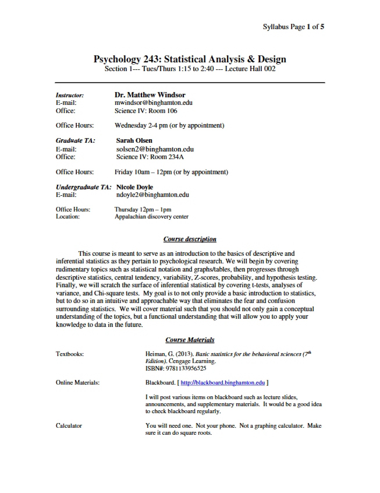 Syllabus for Statistical Analysis (Windsor, Spring 2015)