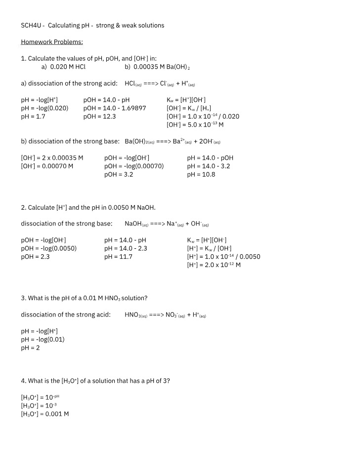 Calculating pH for Strong and Weak Solutions of NaOH, Ba(OH)2, and HCl