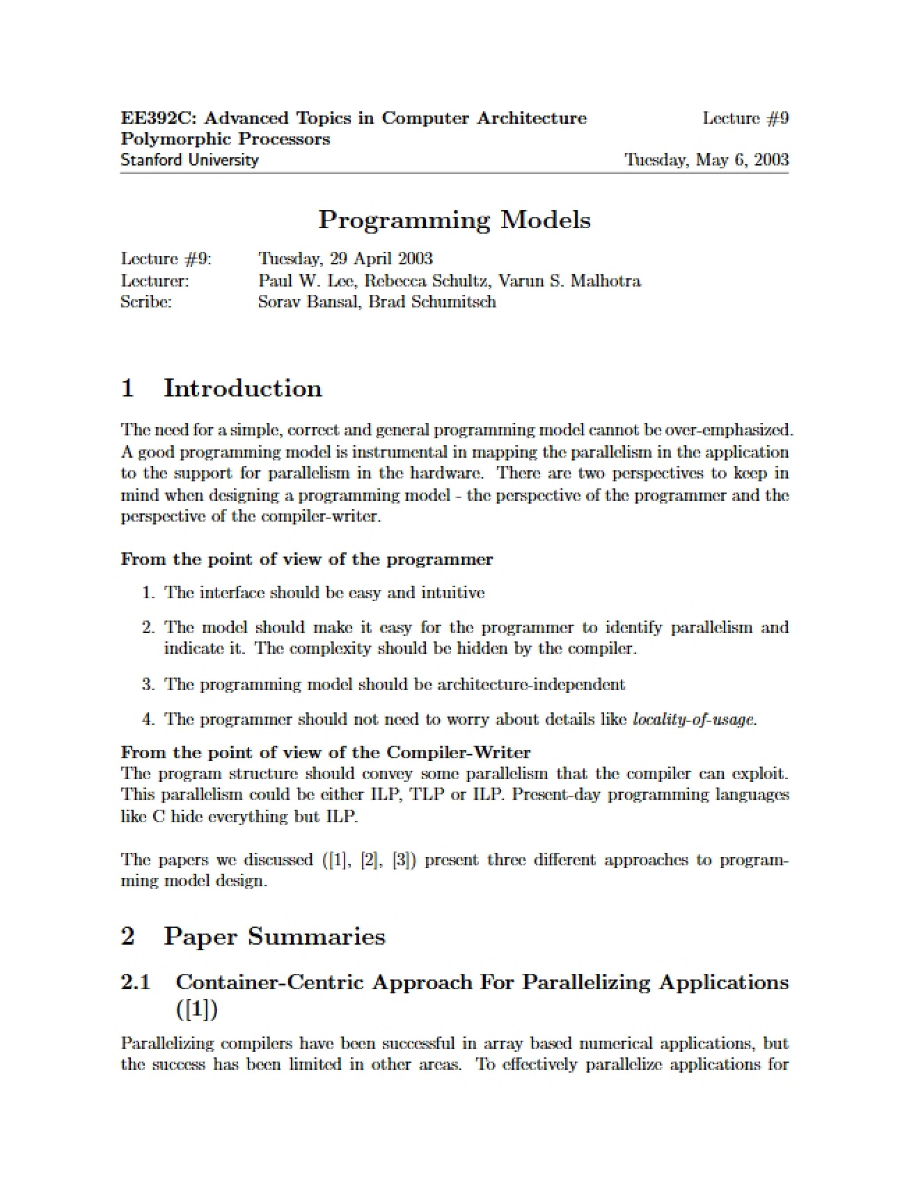 Introduction to the Various Programming Models