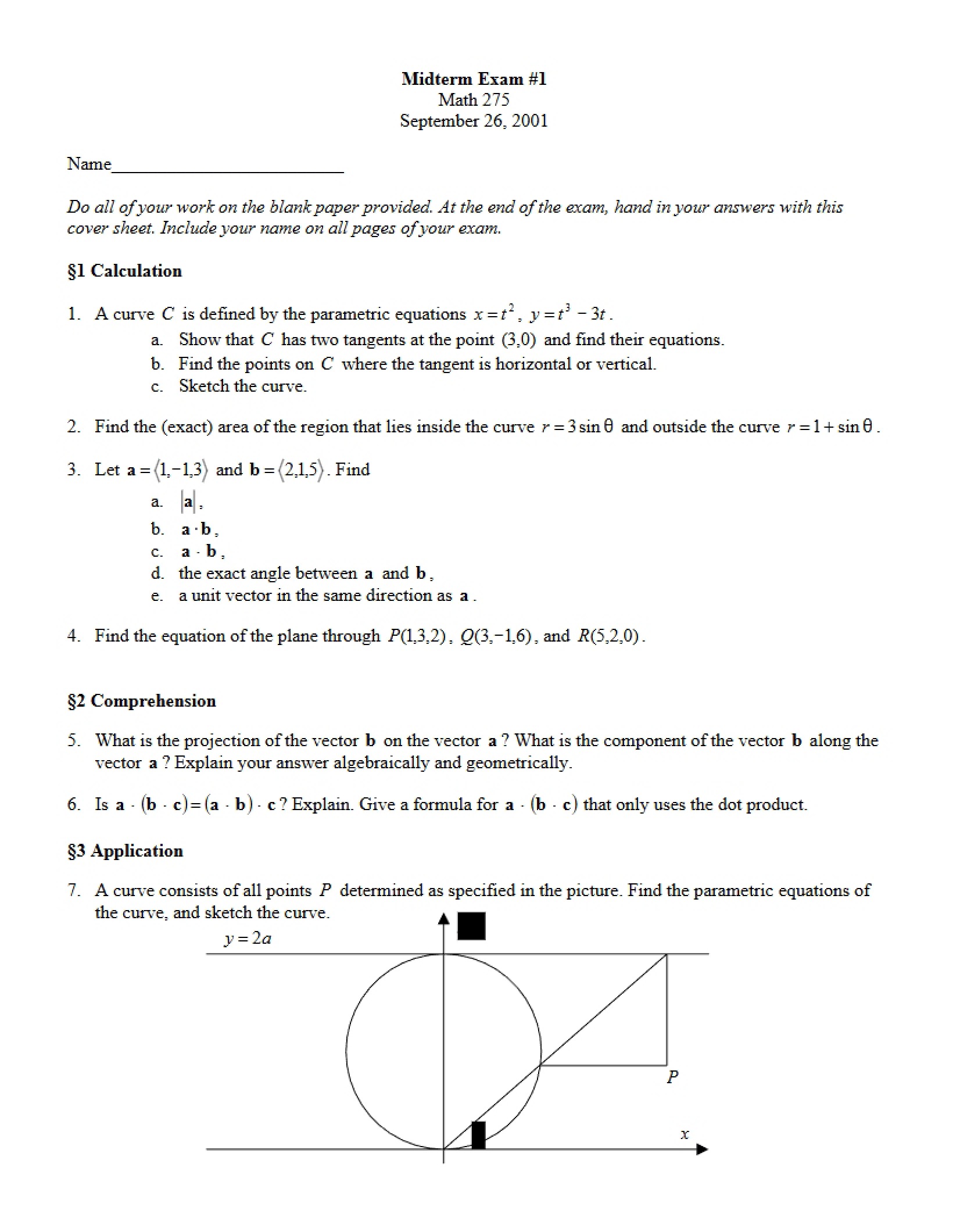 First Midterm for Calculus III