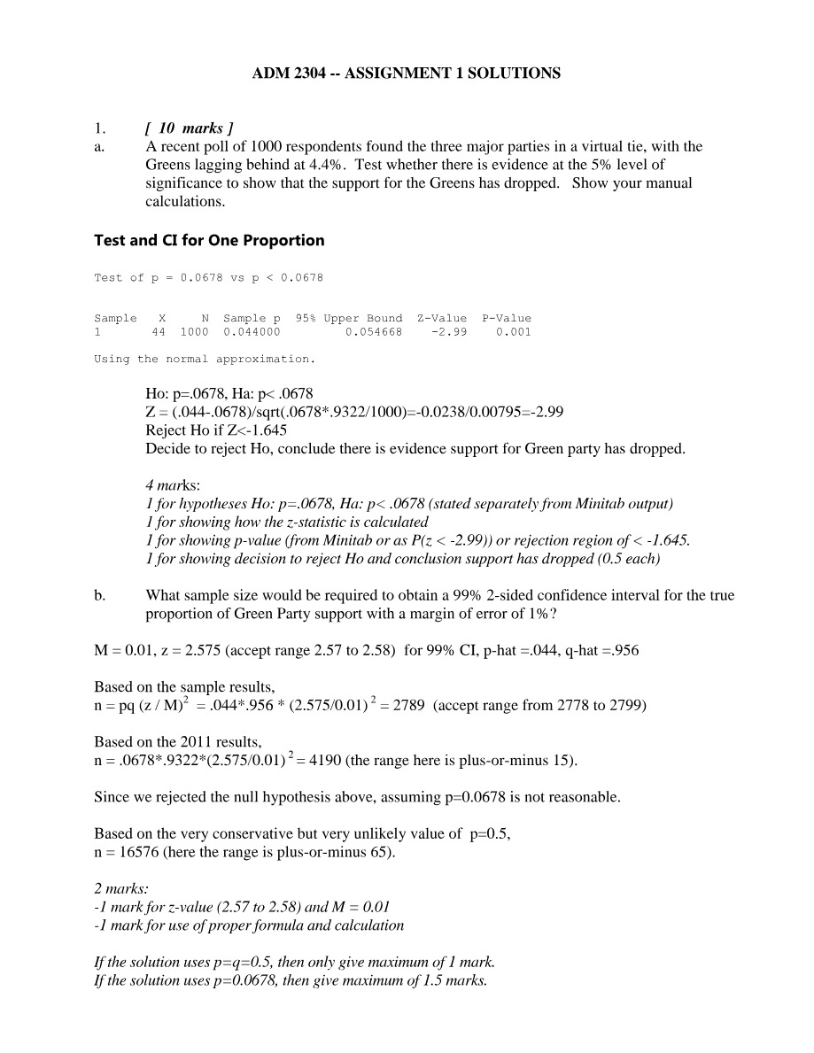 Assignment 1 Solutions - ADM 2304