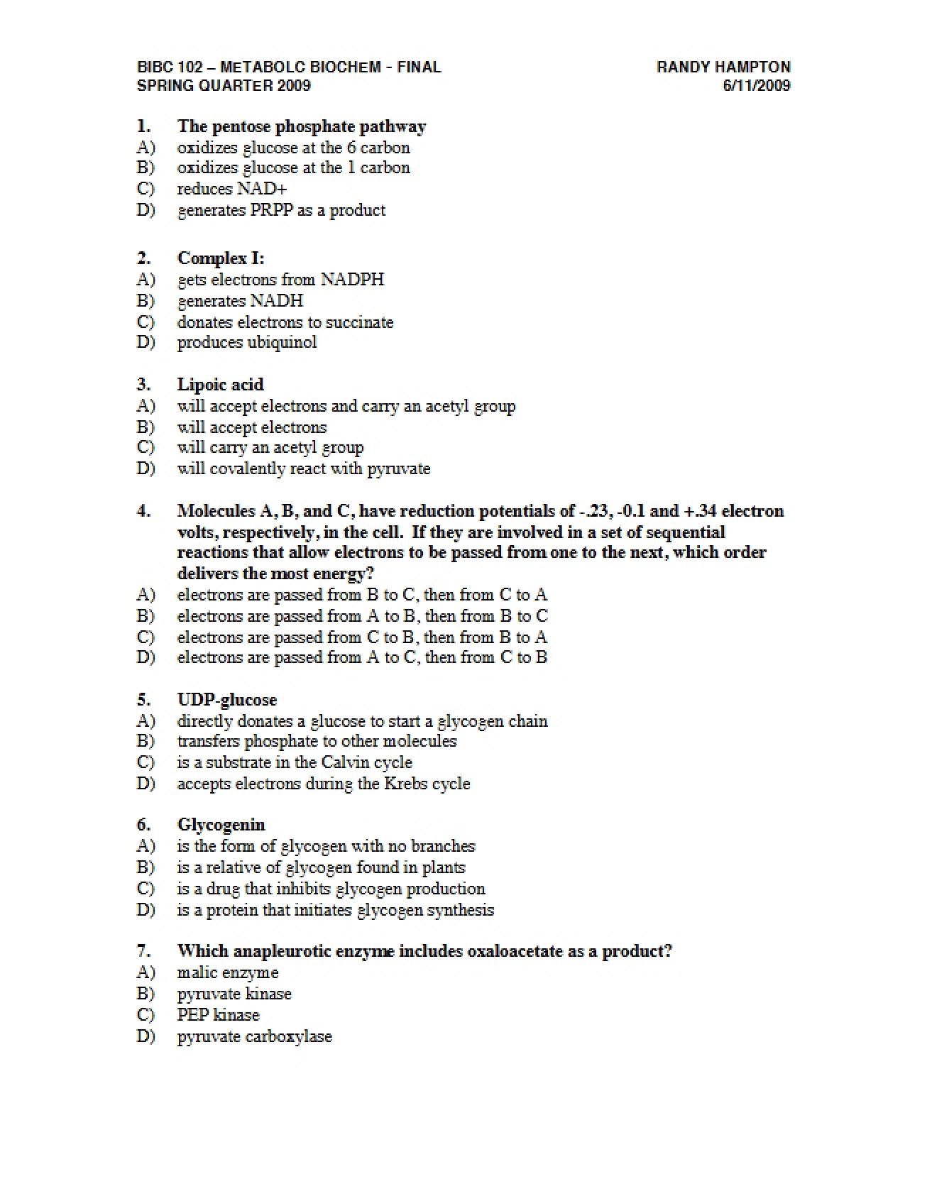Metabolic Biochemistry Final Exam