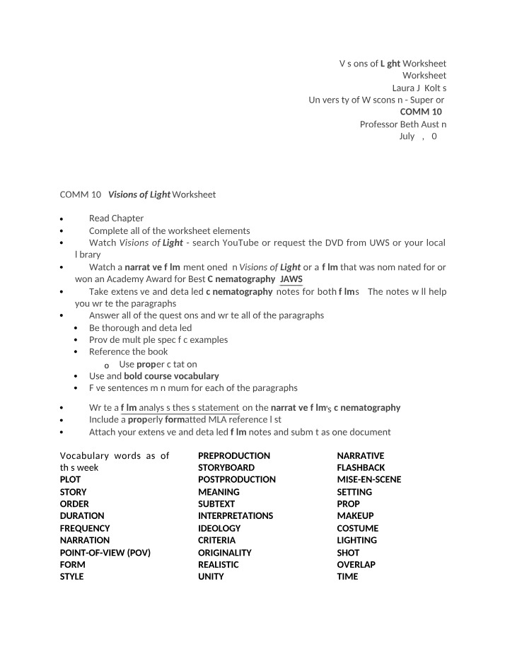 Worksheet for Visions of Light
