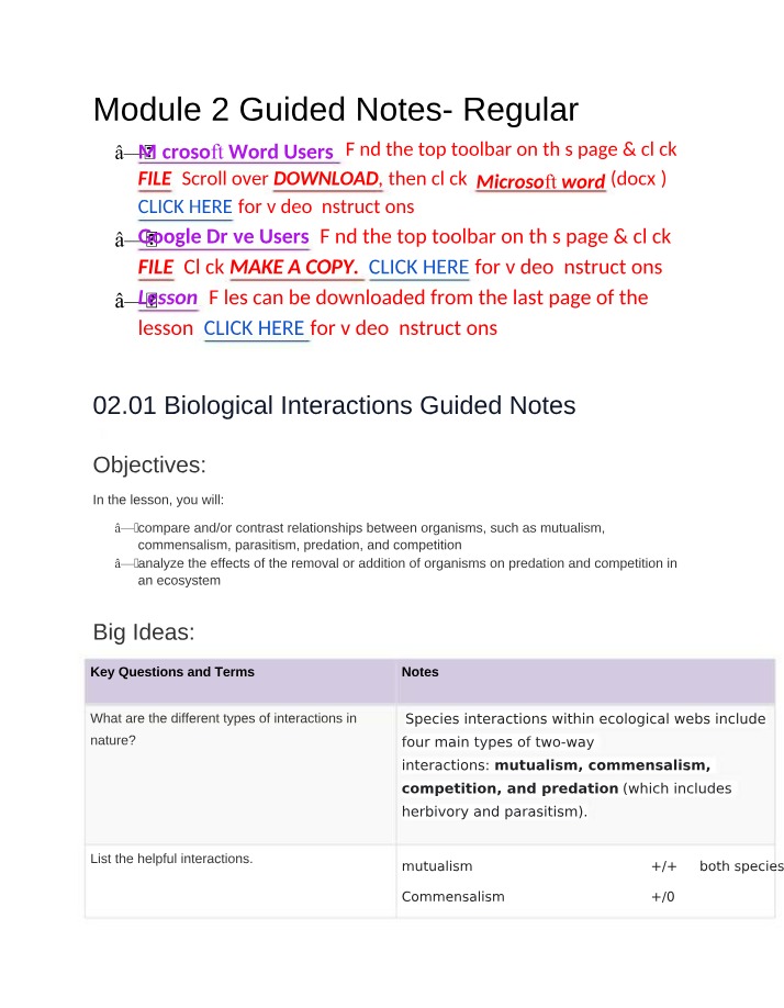 Guided Notes on Biological Interactions and Limiting Factors