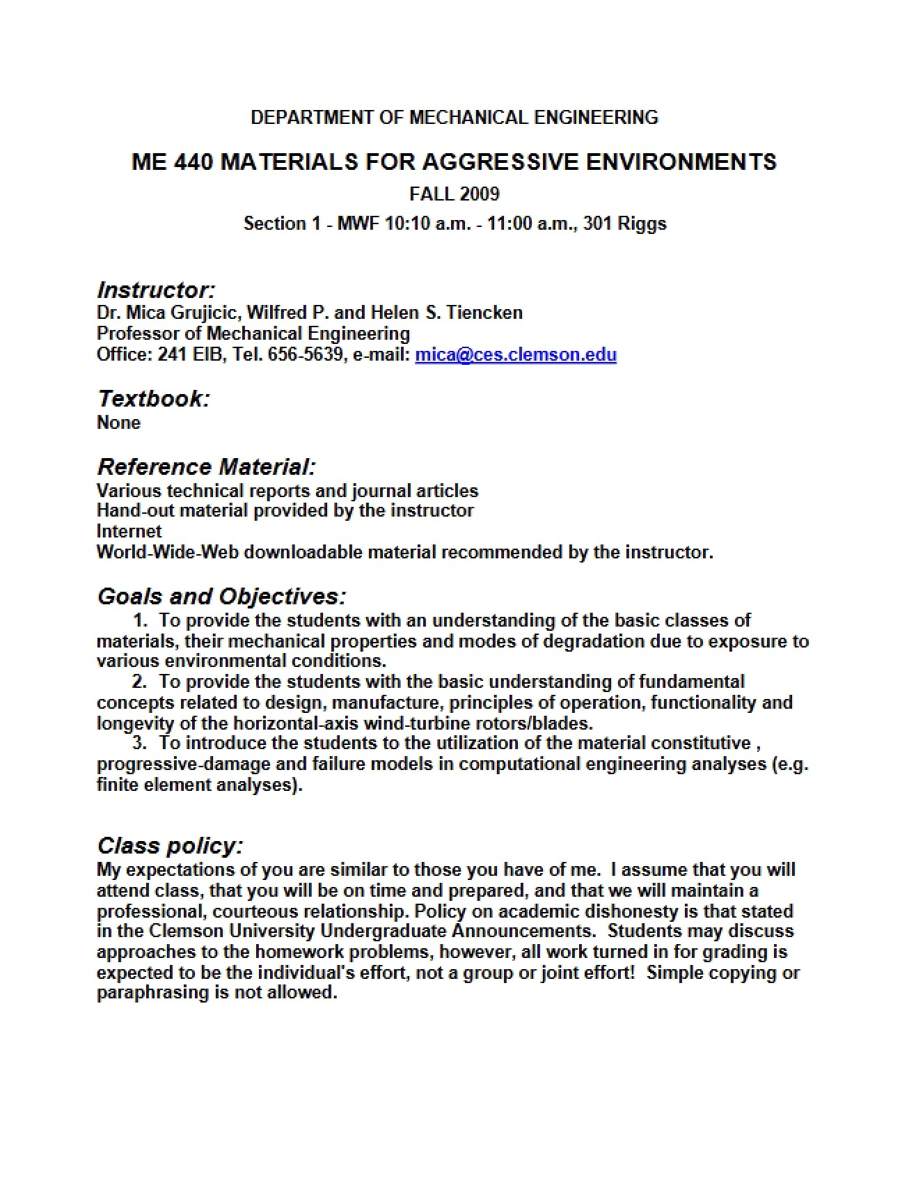 Materials for Aggressive Environments - ME 440