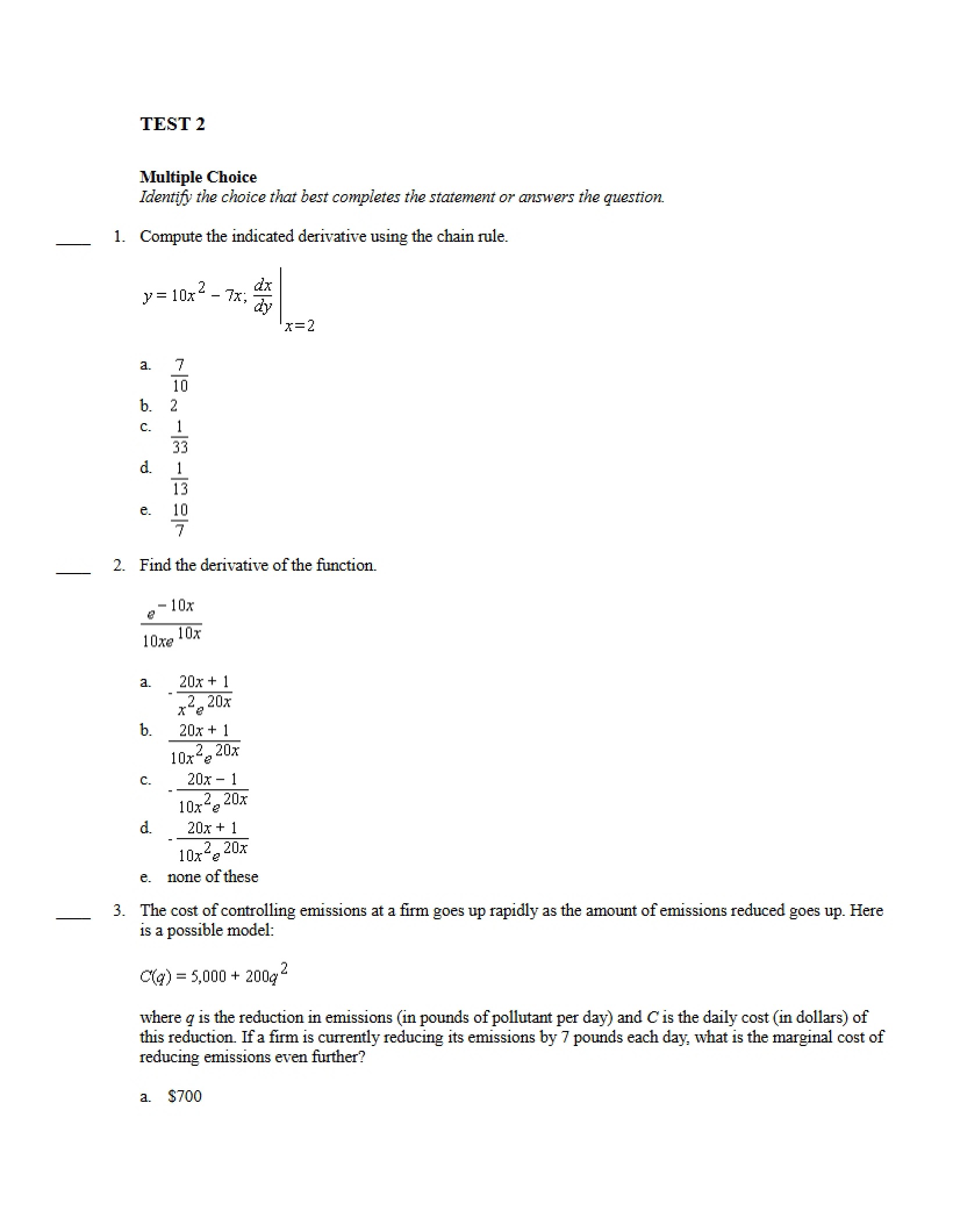 Test Number Two - Brief Calculus