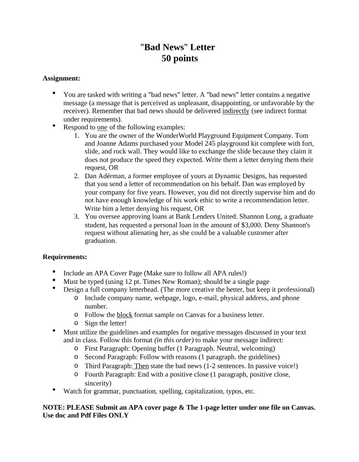 Instructions and Rubric for Bad News Letter
