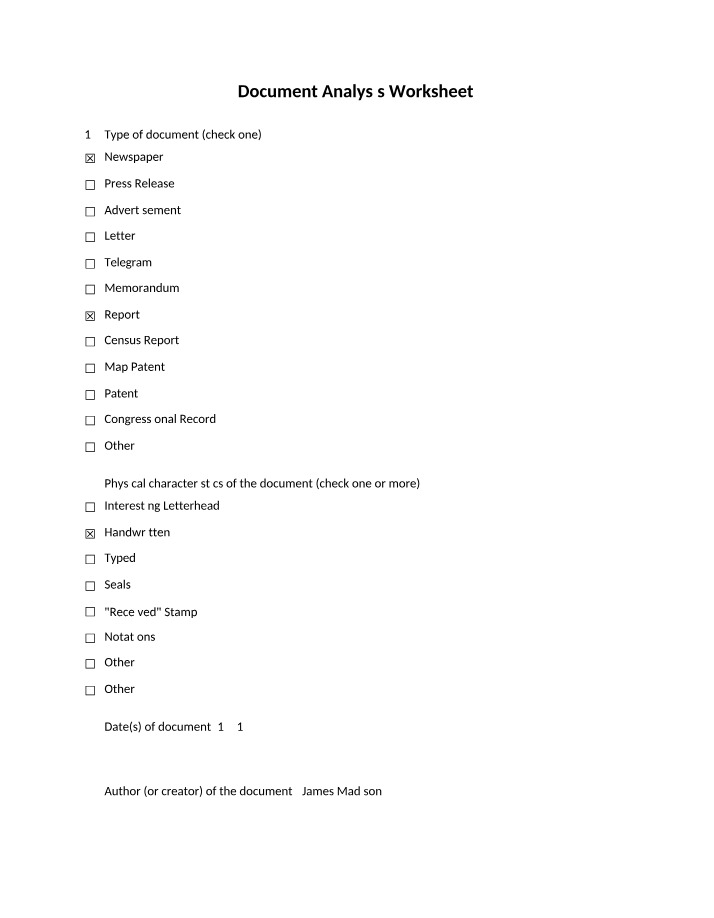 Worksheet for Document Analysis