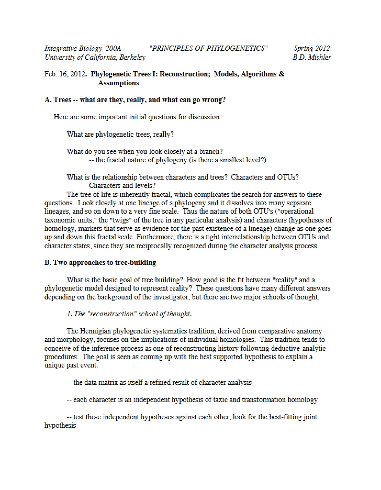 Algorithms and Models for Phylogenetic Tree Reconstruction