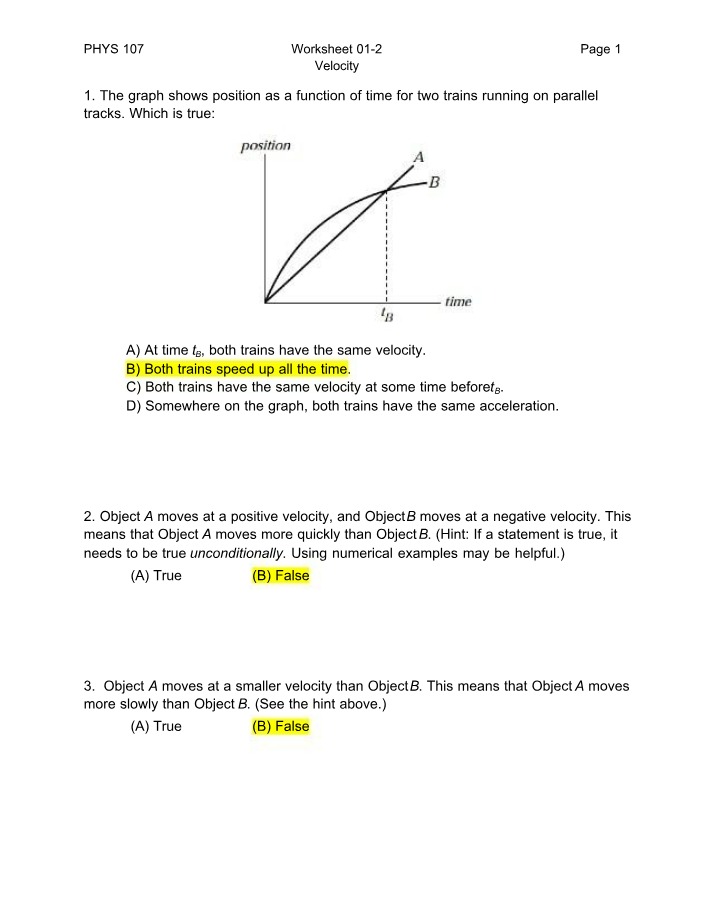 Worksheet 01-2 - Velocity and Graph Interpretation