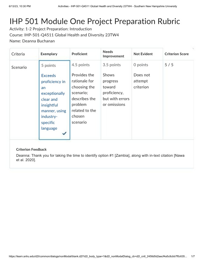 Module One Project Preparation Rubric - IHP 501