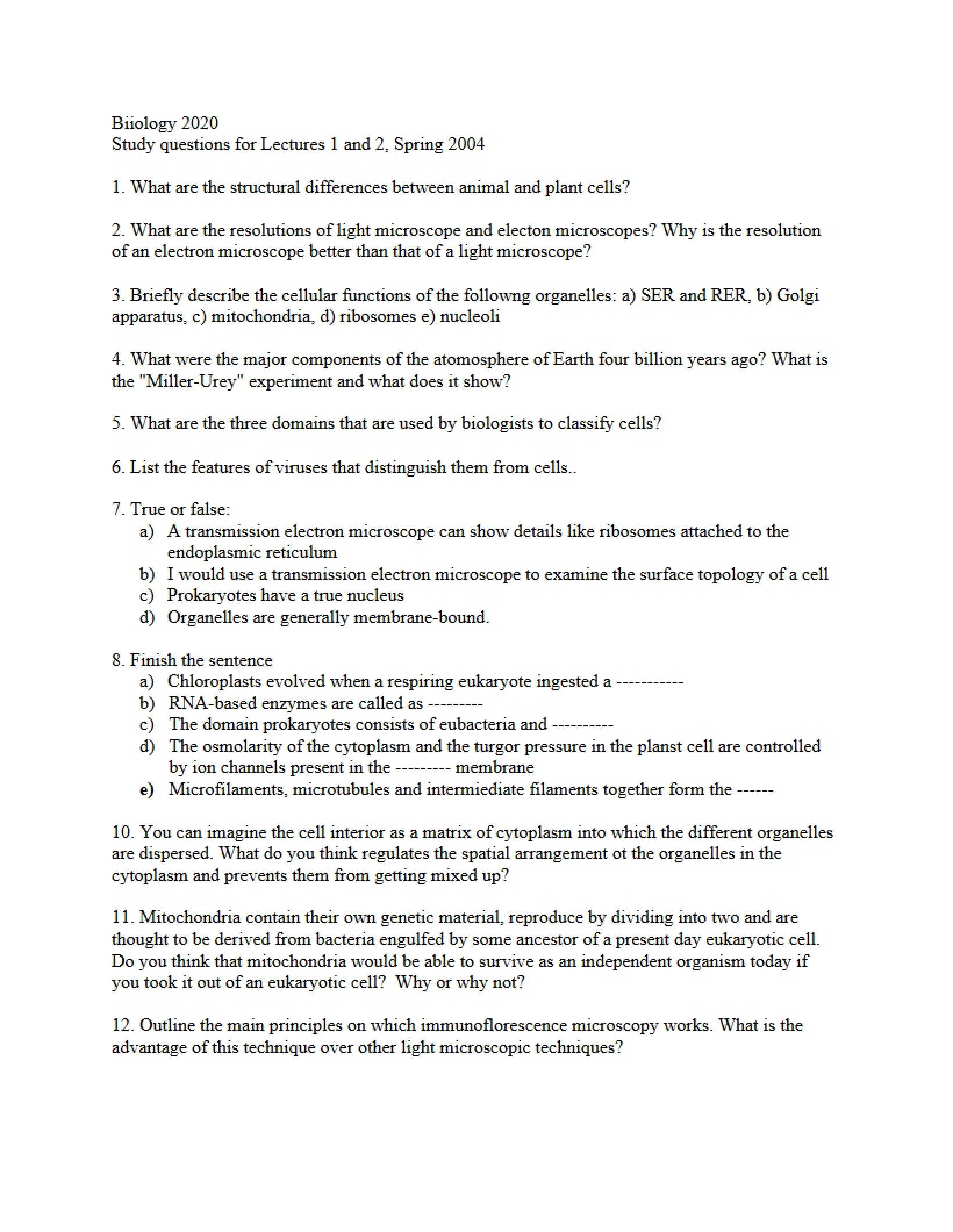 Study Questions Cell Biology Lectures 1 & 2