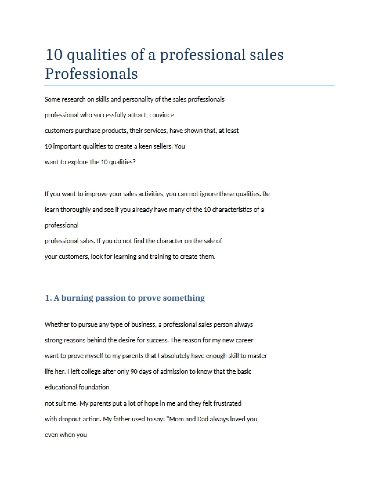 Professional Sales 10 Key Qualities