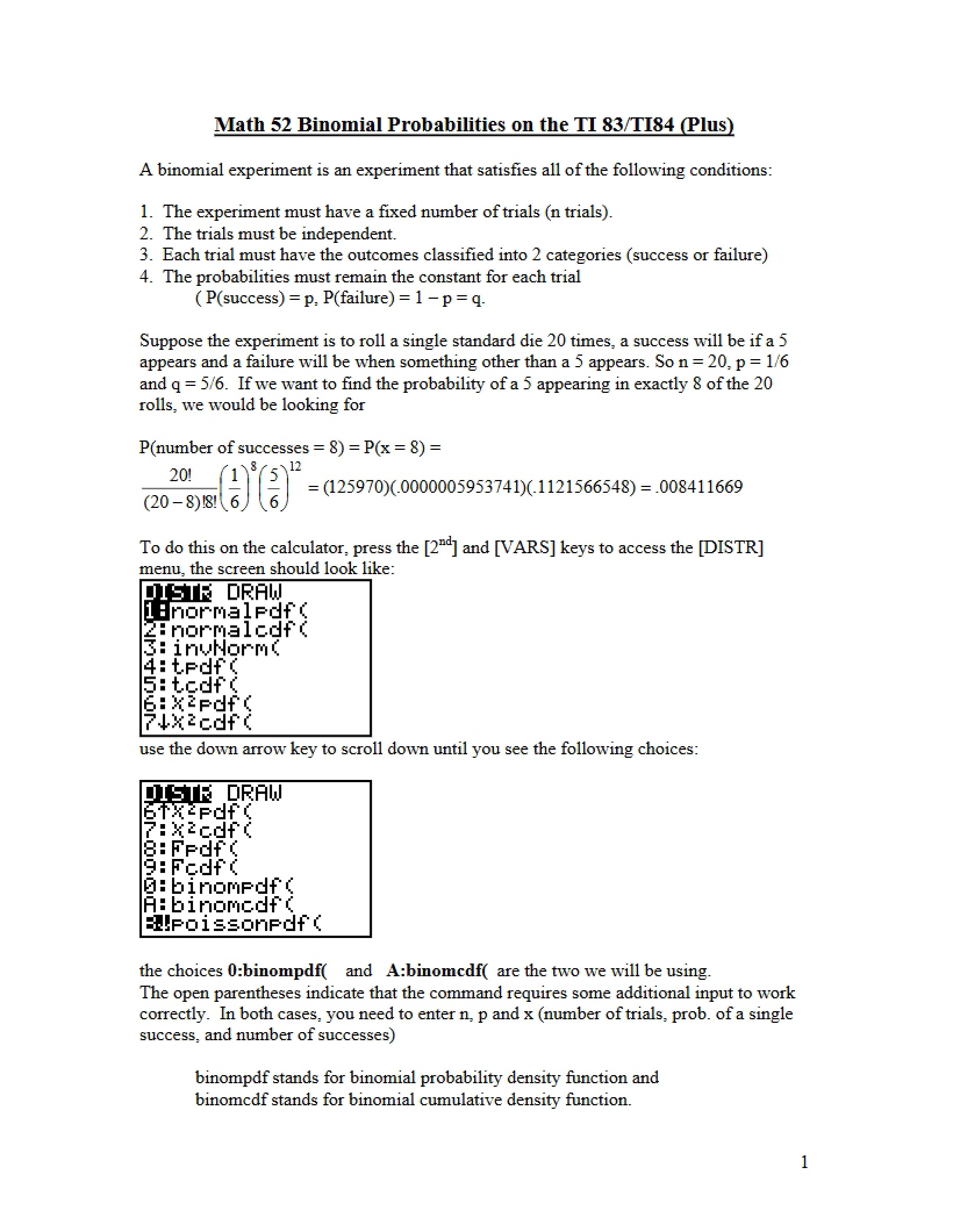 TI-8384 Binomial Probabilities