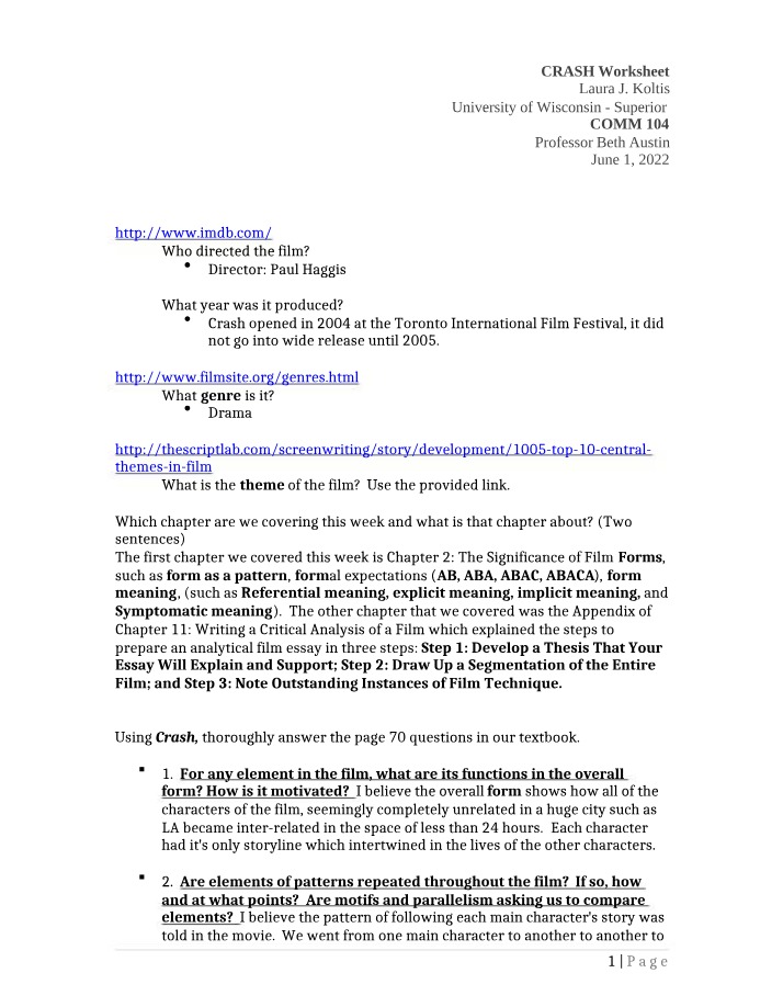 Worksheet for Crash