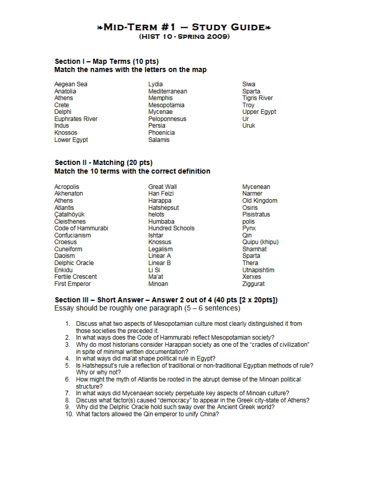 2009 Midterm Guide for HIST10