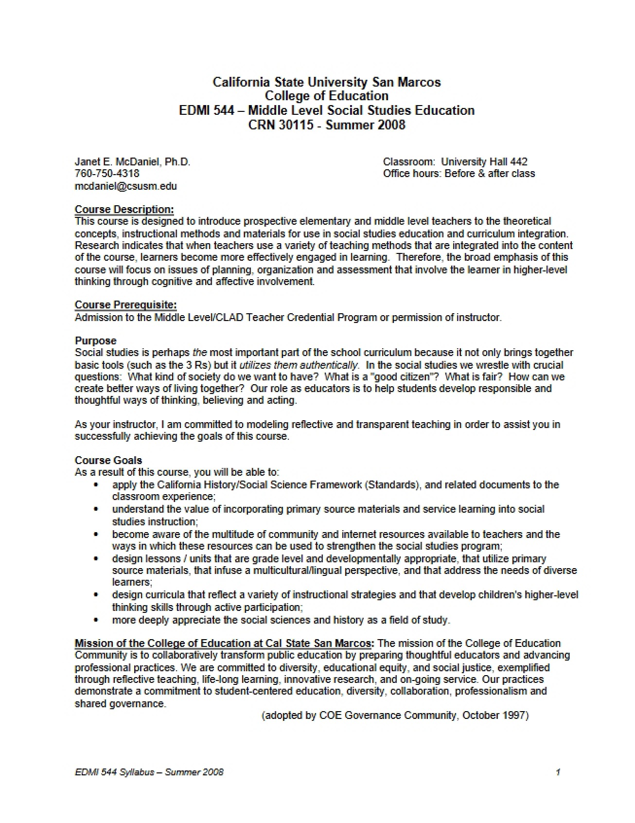 McDaniel Middle Level Social Studies Syllabus