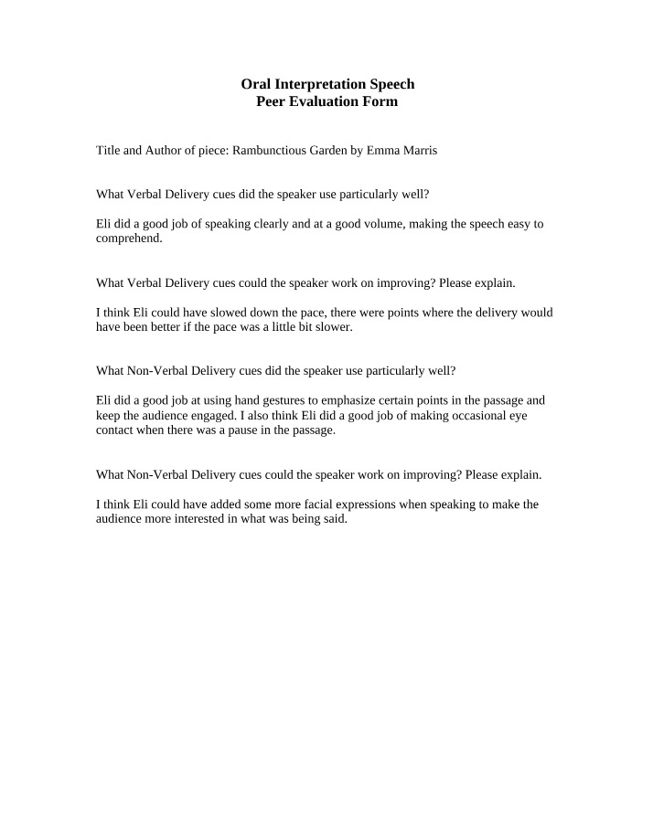 Oral Interpretation Speech Peer Evaluation Form Second Copy