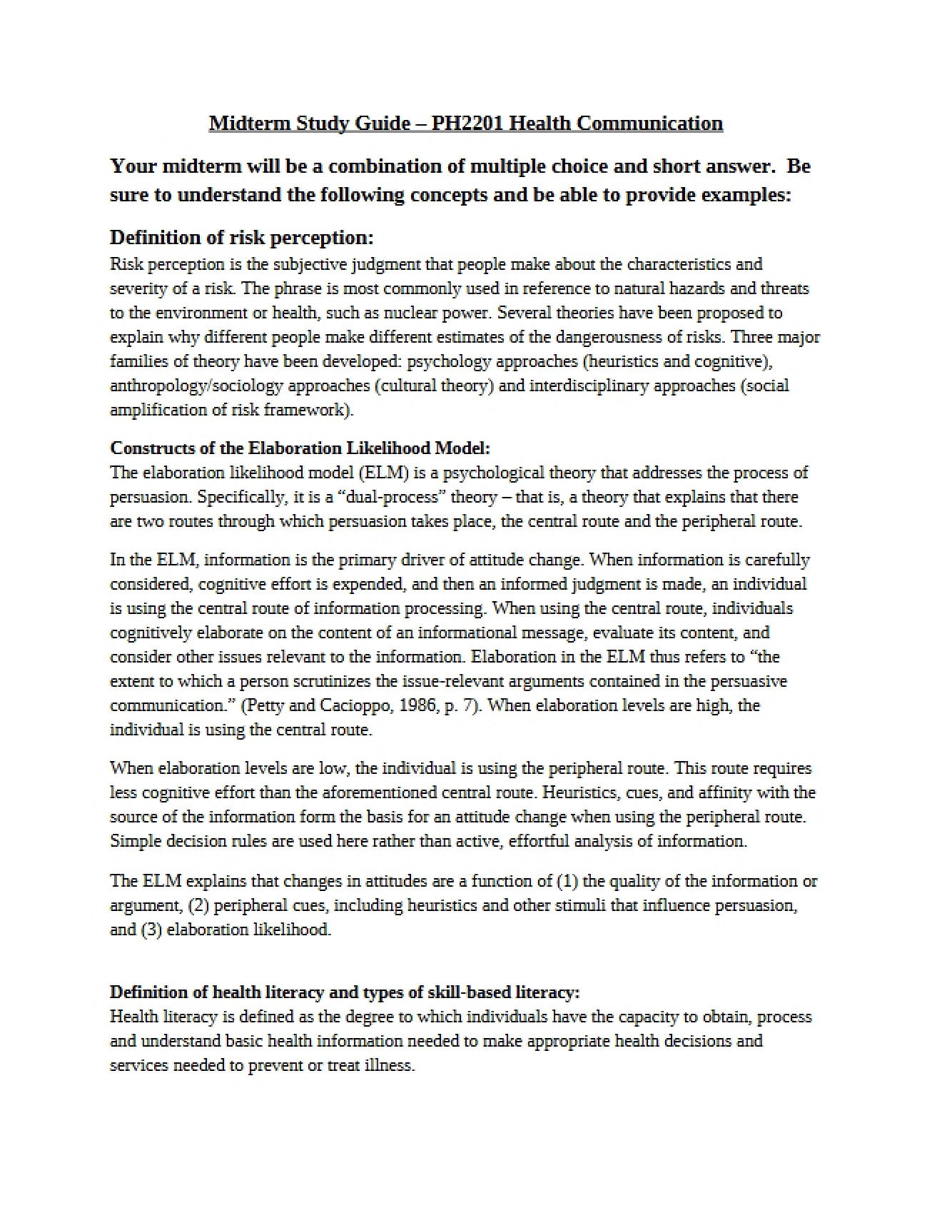 Midterm Study Guide for Health Communication
