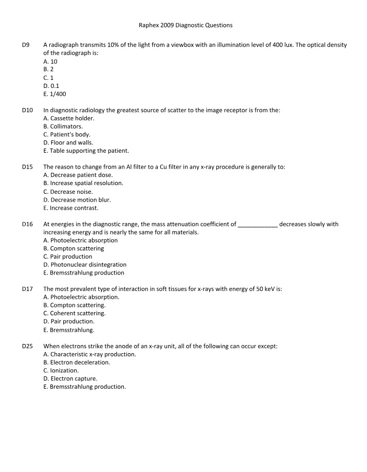 Optical Density, Scatter, and Filters in Radiography Questions