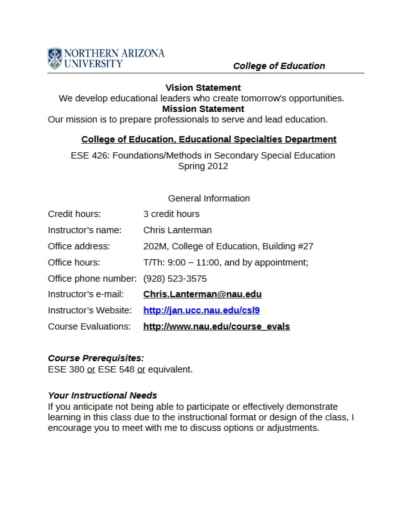 Special Education Methods Syllabus