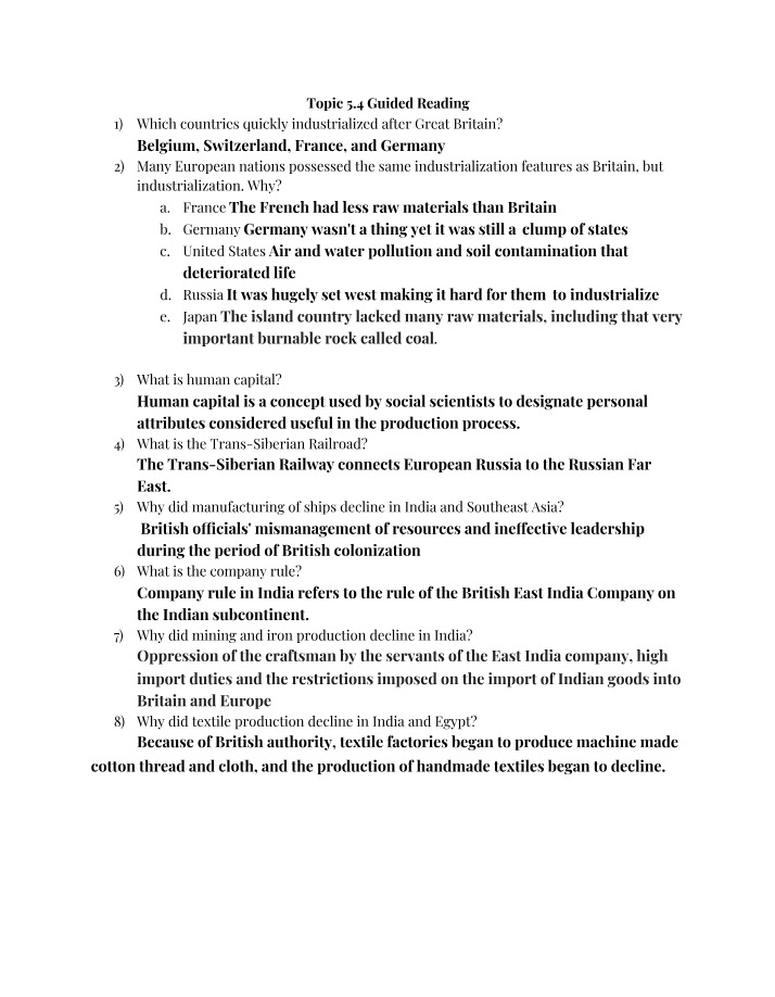 Guided Reading - Industrialization Beyond Britain