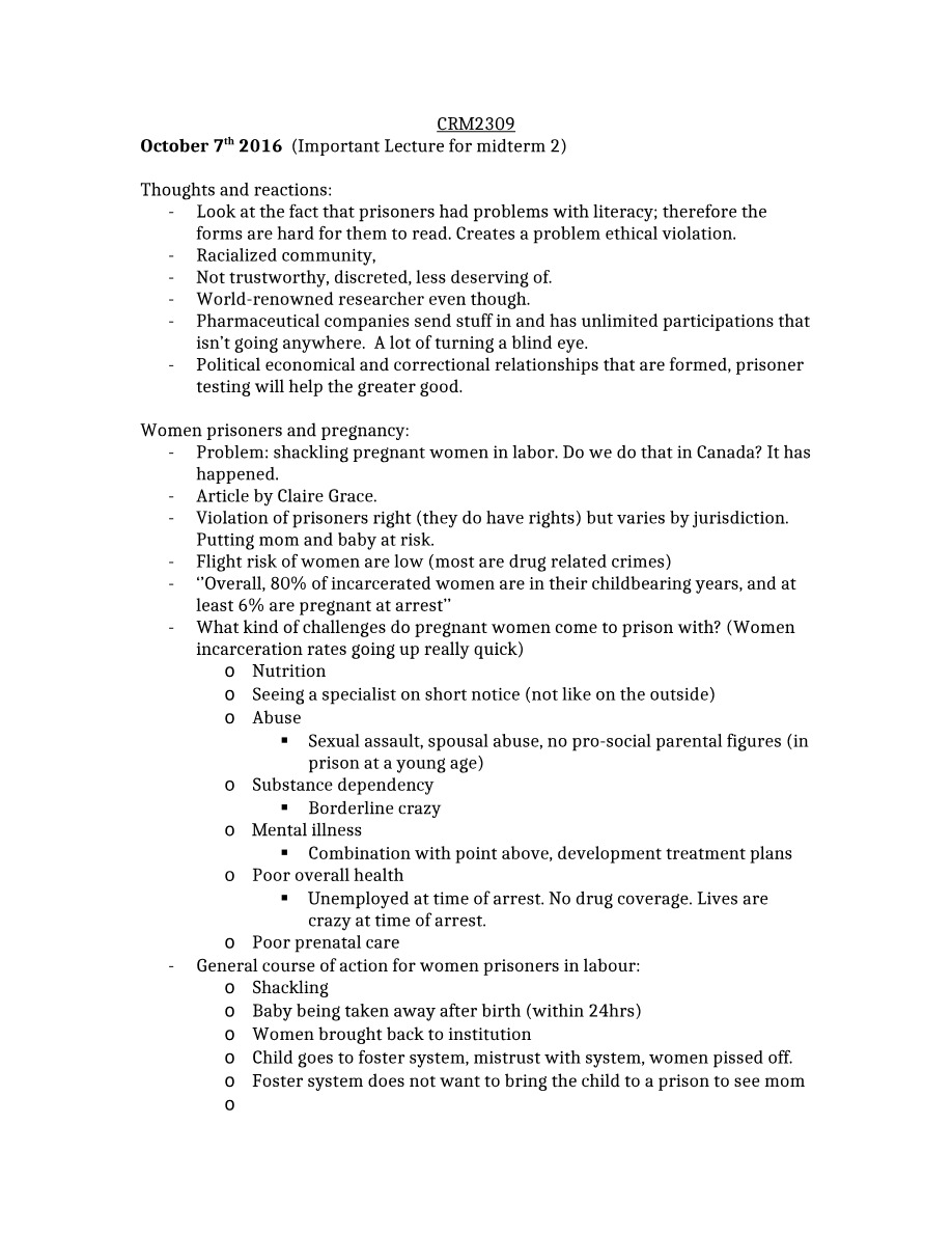CRM2309 - Women Prisoners and Pregnancy Lecture Notes