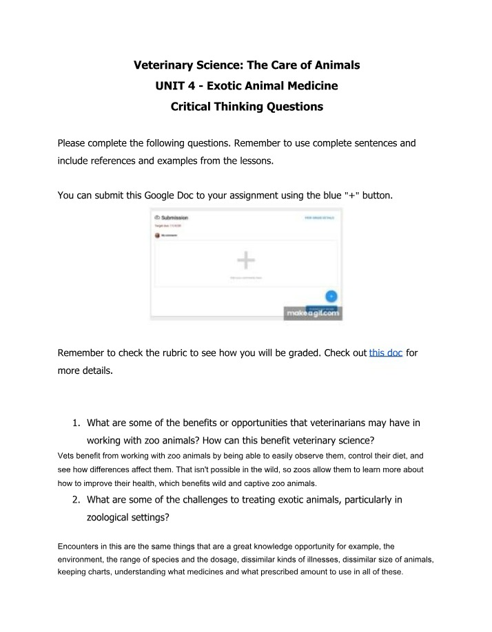 Unit 4 - Exotic Animal Medicine - Veterinary Science Critical Thinking Questions