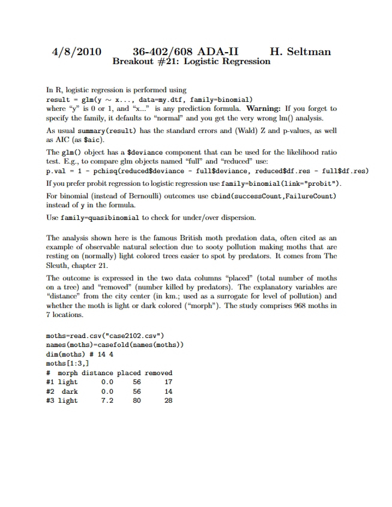 Seventh Advanced Data Analysis Handout