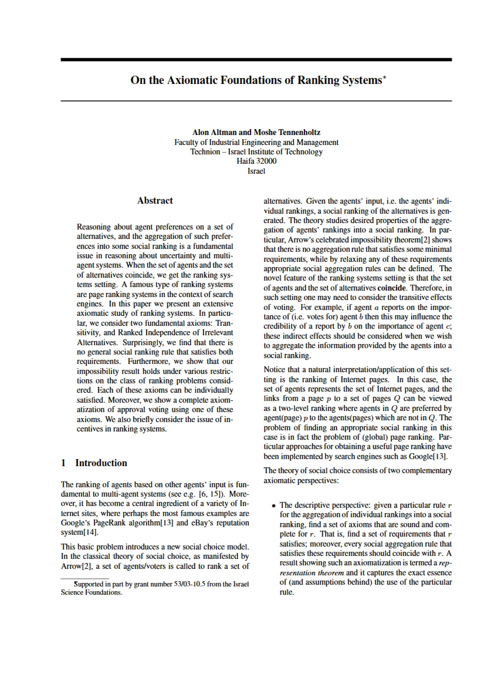 Ranking Systems Axiomatic Foundations