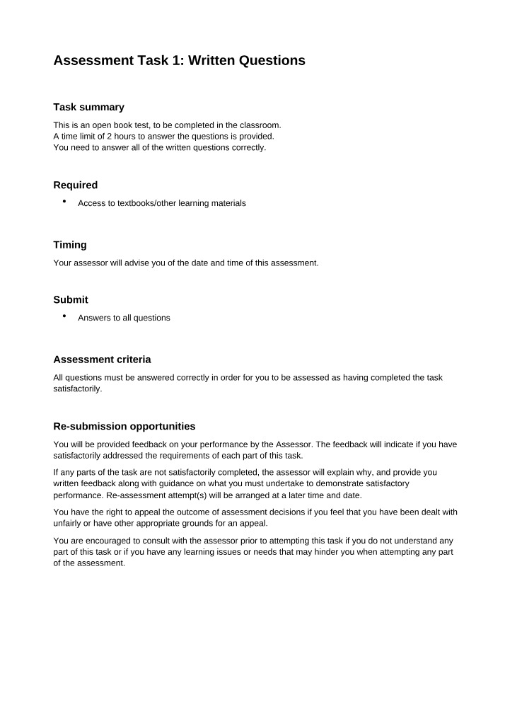 Written Questions - Assessment Task 1