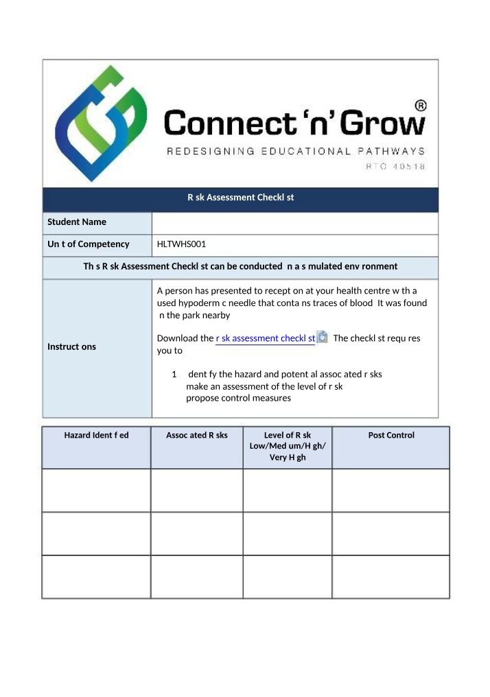HLTWHS001 Risk Assessment Checklist
