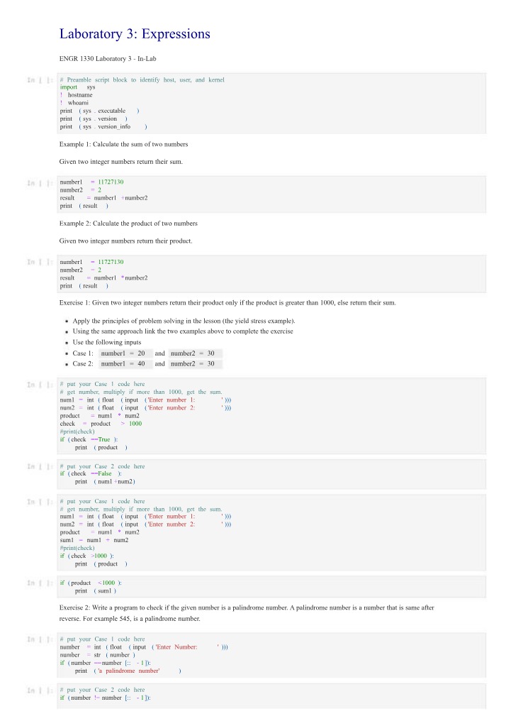 Examples and Exercises for Python Expressions and Statements