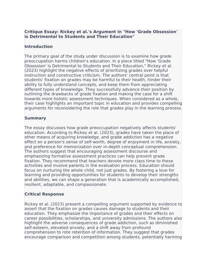Critique Essay - Grade Obsession and Student Education