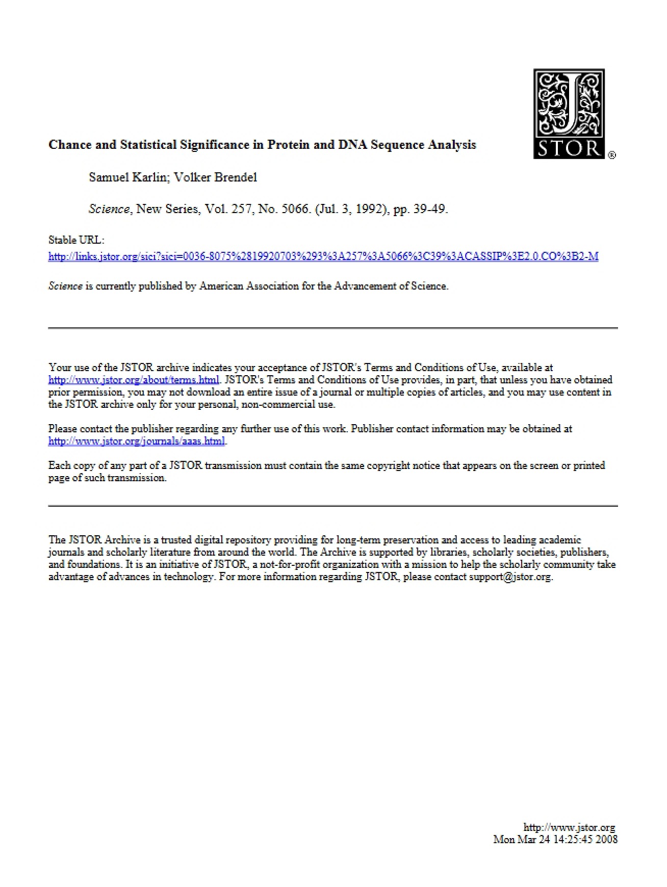 Protein and DNA Sequence Analysis Chance and Statistical Significance