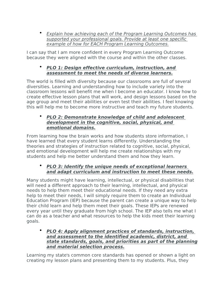Reflection on Program Learning Outcomes