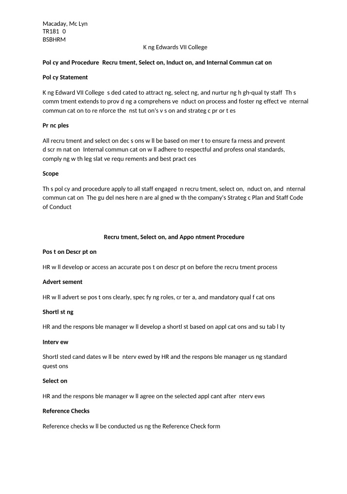 Policy and Procedure for BSBHRM524
