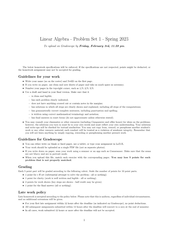 Linear Algebra Spring 23 Problem Set 1