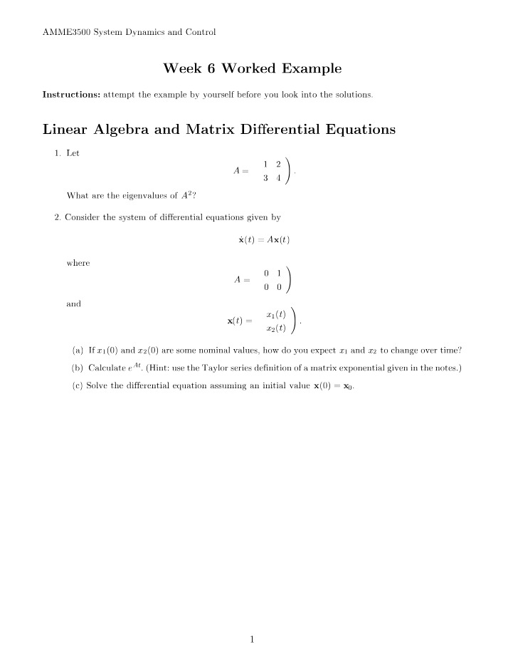 Week 6 Worked Example for System Dynamics and Control