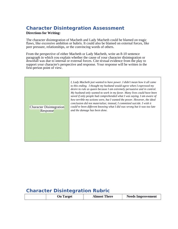 Character Disintegration in Macbeth - Assessment