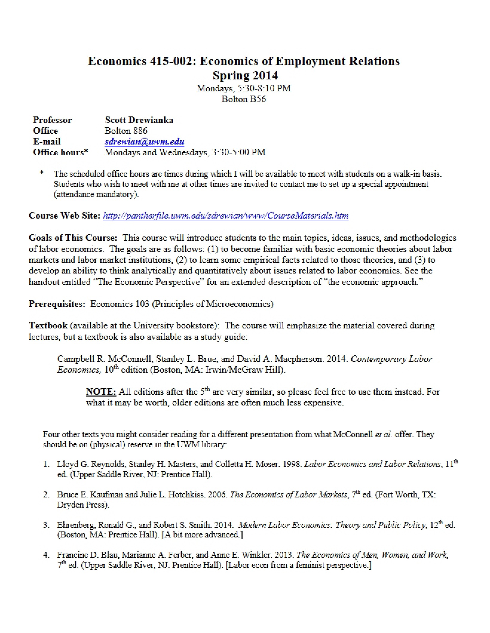 Syllabus for Economics of Employment - 8 Pages