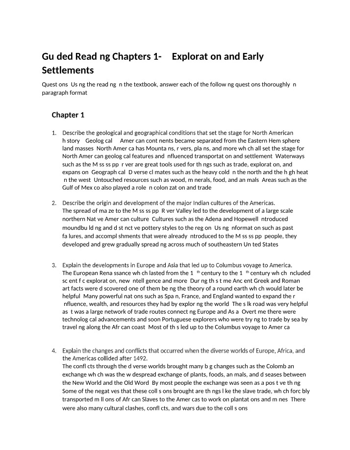 Guided Reading - Exploration and Early Settlements