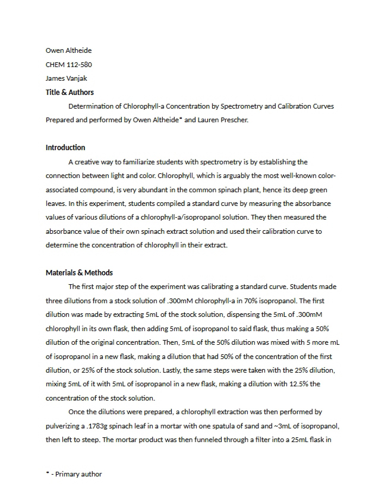 Experiment on the Determination of Chlorophyll-a Concentration