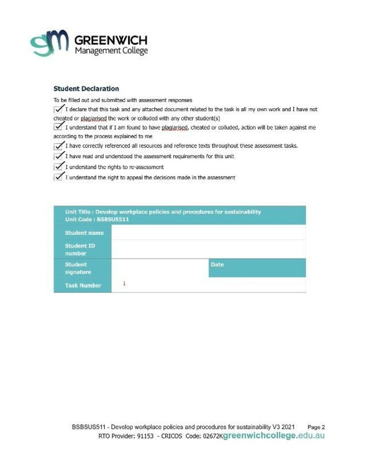 BSBSUS511 Assessment Declaration - Develop Workplace Policies and Procedures for Sustainability